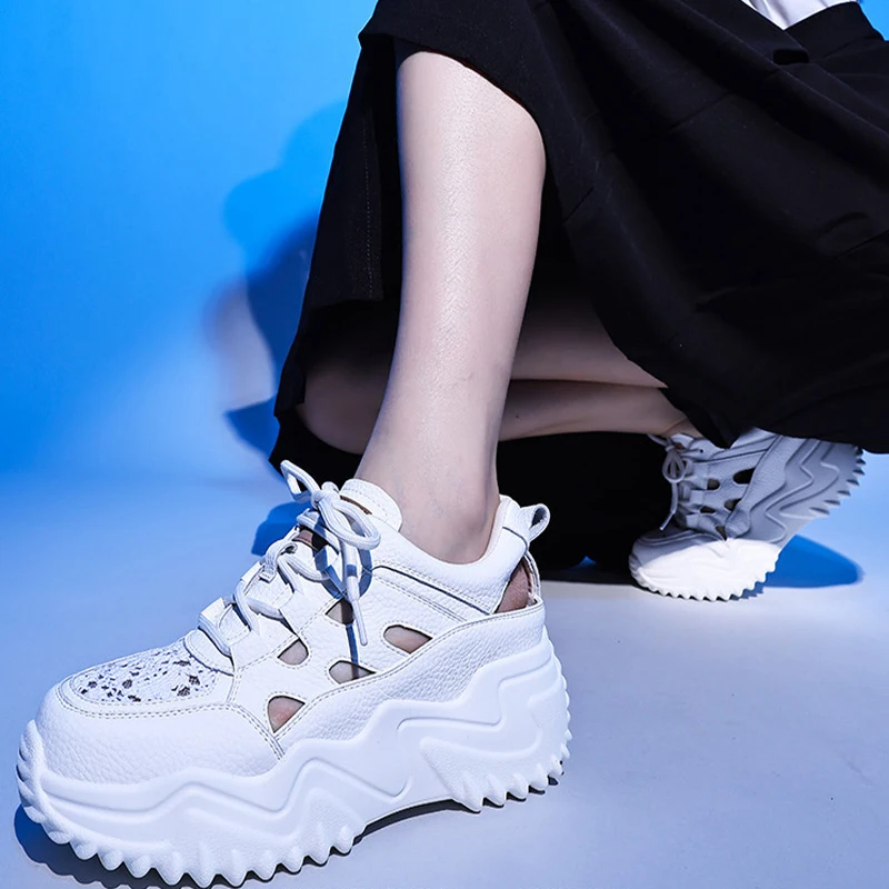 7.5CM Genuine Leather Air Mesh Comfy High Brand Hollow Strap Design Breathable Chunky Sneaker Spring Summer Platform Wedge Shoes