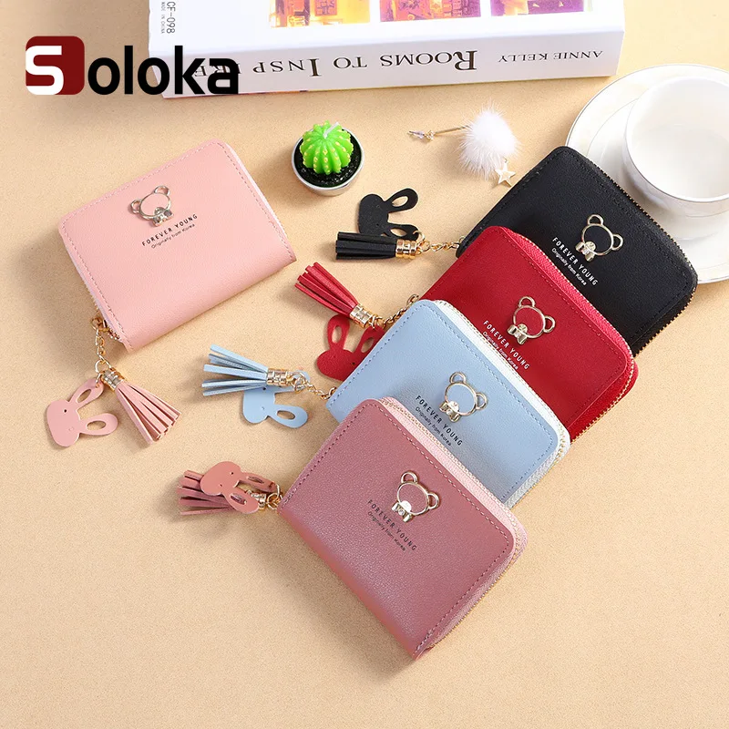 

Women Short Wallet Student Zipper Coin Bag Cute Bear Korean Style Mini Tassel PU Coin Purse Bank Card Holder Rfid Blocking
