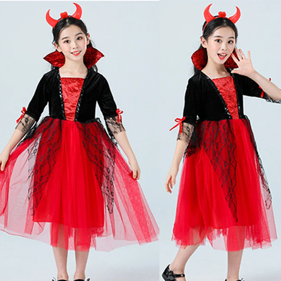 Halloween Witch Costume Baby Girls Children Cosplay Vampire Princess Dresses Pumpkin Kids Clothes With Hat Carnival Party Gift