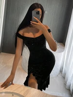 nude collar fall silver sequin backless sexy dress women off shoulder mini dress christmas party club strap bodycon ruffle hem