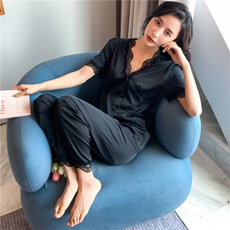 Spring and Summer Women's Ice Silk Pajamas Short Sleeve Trousers Suit Lace Puff Sleeve Women's Women's Pajamas