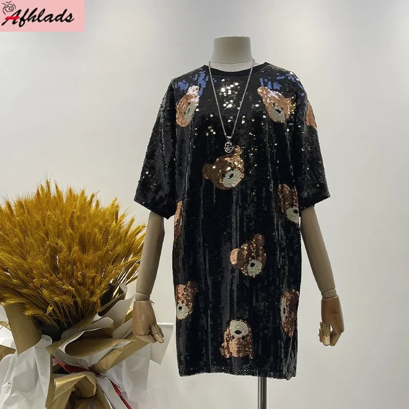 

Fashion New Cartoon Sequin Round Neck T-Shirt Summer Streetwear Hip Hop Short Sleeved Loose High Quality Women's Tops