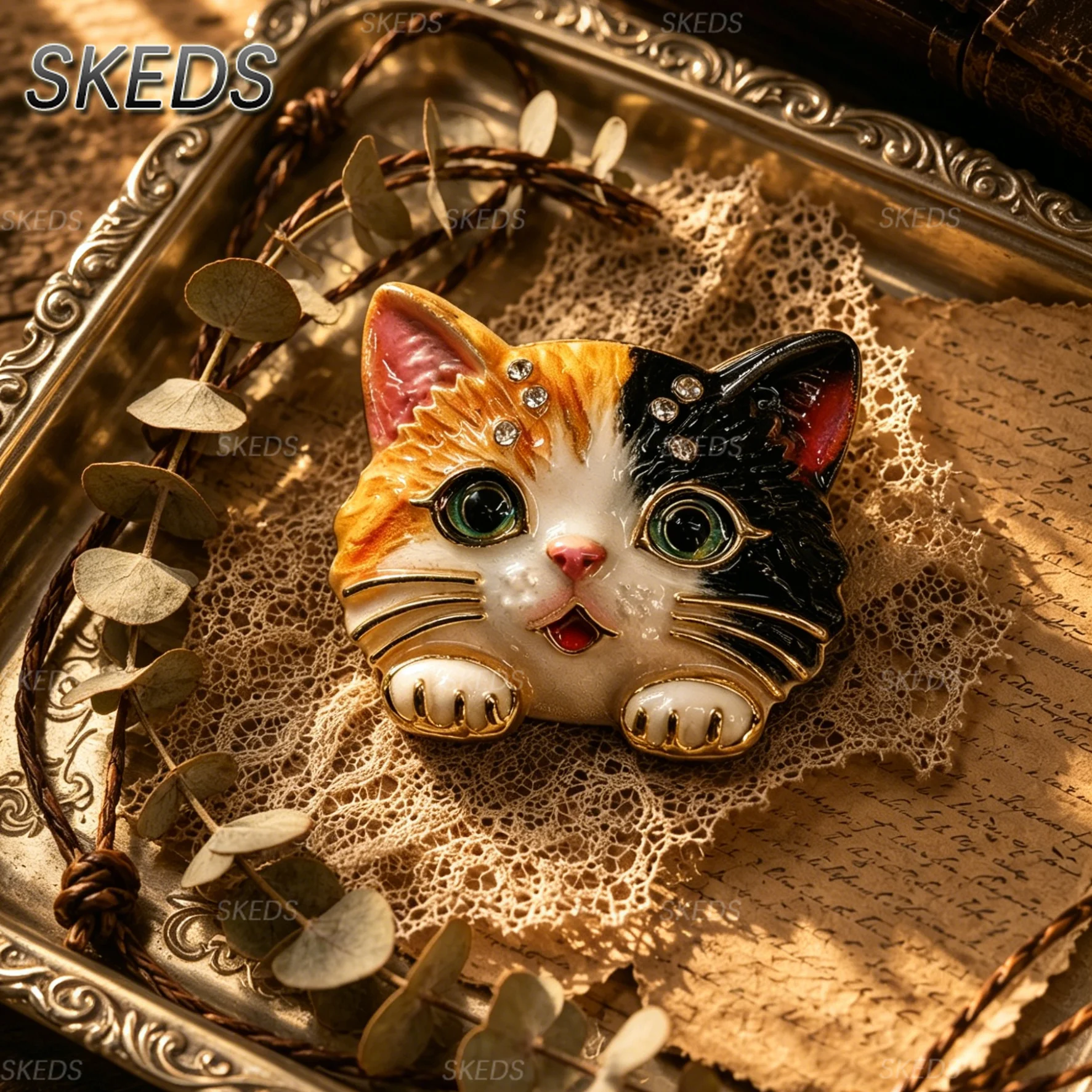 Винтажная брошь-котик из калико с стразами и эмалью, зеленоглазый кот, брошь в виде животного, модный аксессуар для одежды, подарок для любителей кошек (art.: 3920db1f2eda7) - 3920db1f2eda7