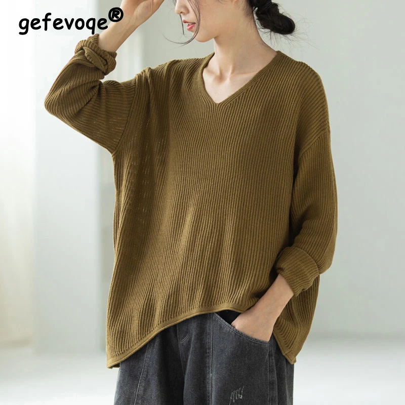 

Women Vintage Simple Casual Streetwear Asymmetrical Knitted Sweater Autumn Winter Trendy V Neck Long Sleeve Loose Pullover Tops