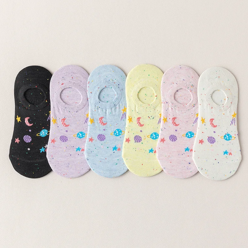 

CHAOZHU 1 Pair Spring Summer Women Low Cute Starry Sky Cartoon Socks Invisible 6 Colors Cotton Knitting Non-slip Sox