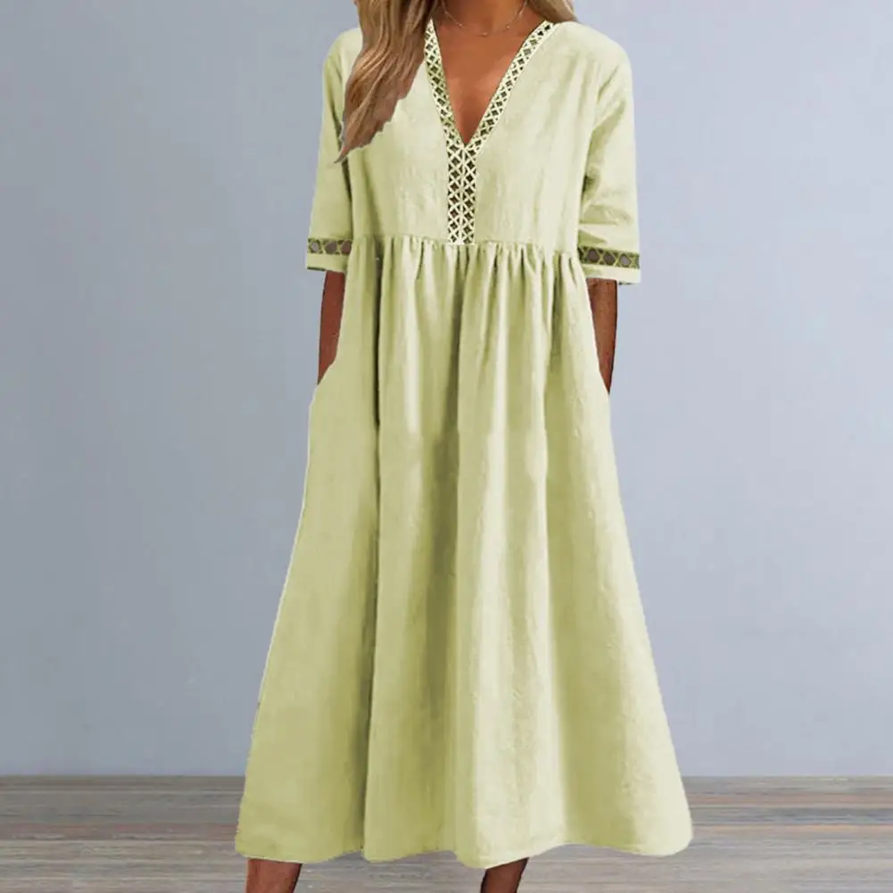 

Lady Midi Dress Lace Stitching Beach Dress Loose Hem Lady Midi Dress