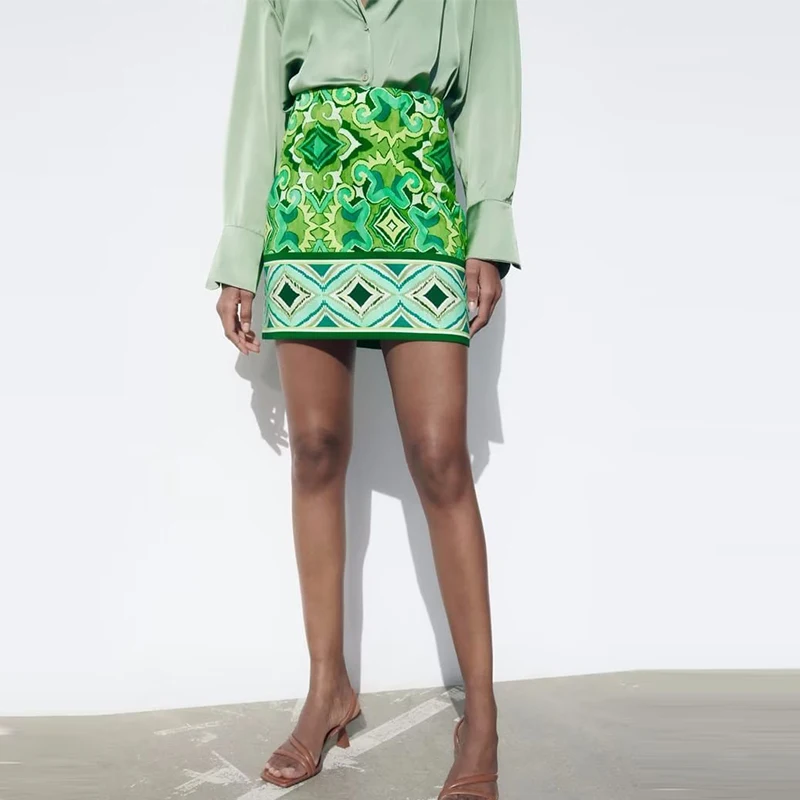 

Женская мини-юбка с высокой талией, зеленая короткая юбка с принтом, лето 2023