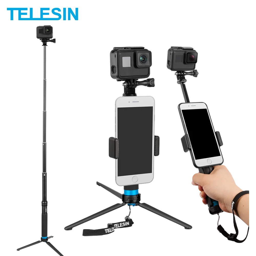 

TELESIN Extendable Aluminum Alloy Selfie Stick with Tripod and Phone Clip for GoPro Hero 5 6 7 8 9 10 Insta360 Osmo Action SJCAM