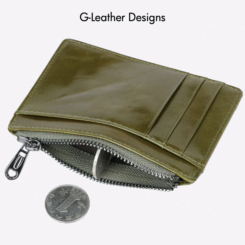 Vintage Genuine Leather Card Holder RFID Protect Slim Vertical with Black Zipper Cow Leather Card Wallet