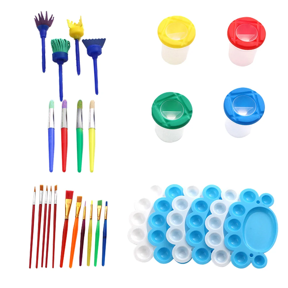 

1 Set of Children Painting Brushes Kit Drawing Palettes and Pen Washing Cups