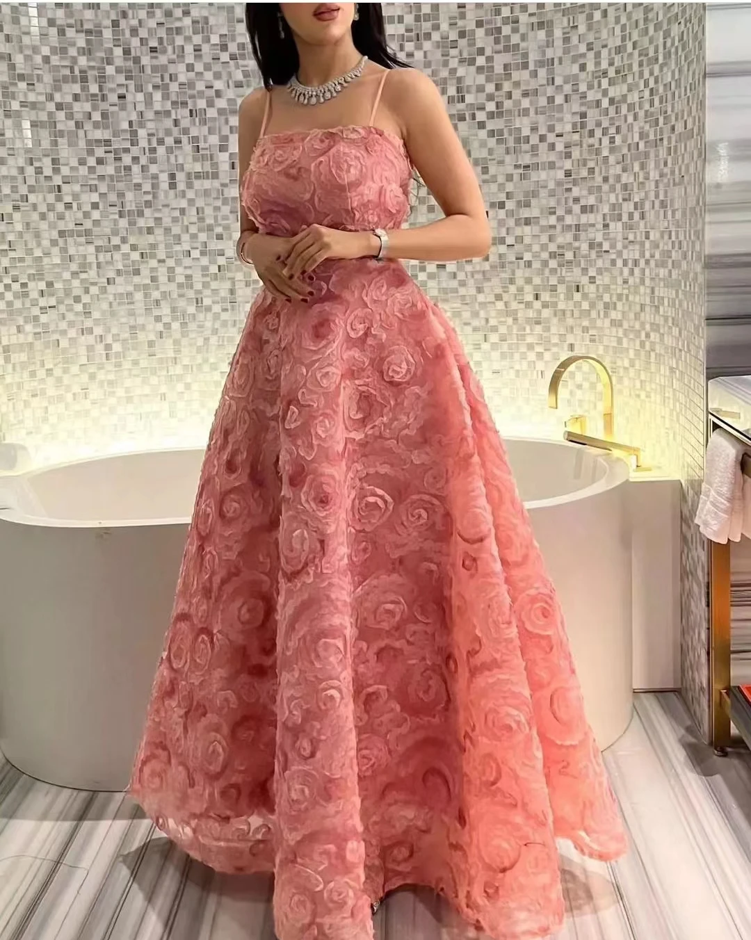 

AsaNagi Pink Flower Evening Dresses Spaghetti Floor-Length A Line Women Formal Occasion Prom Dress 2023 vestido de noiva rosa