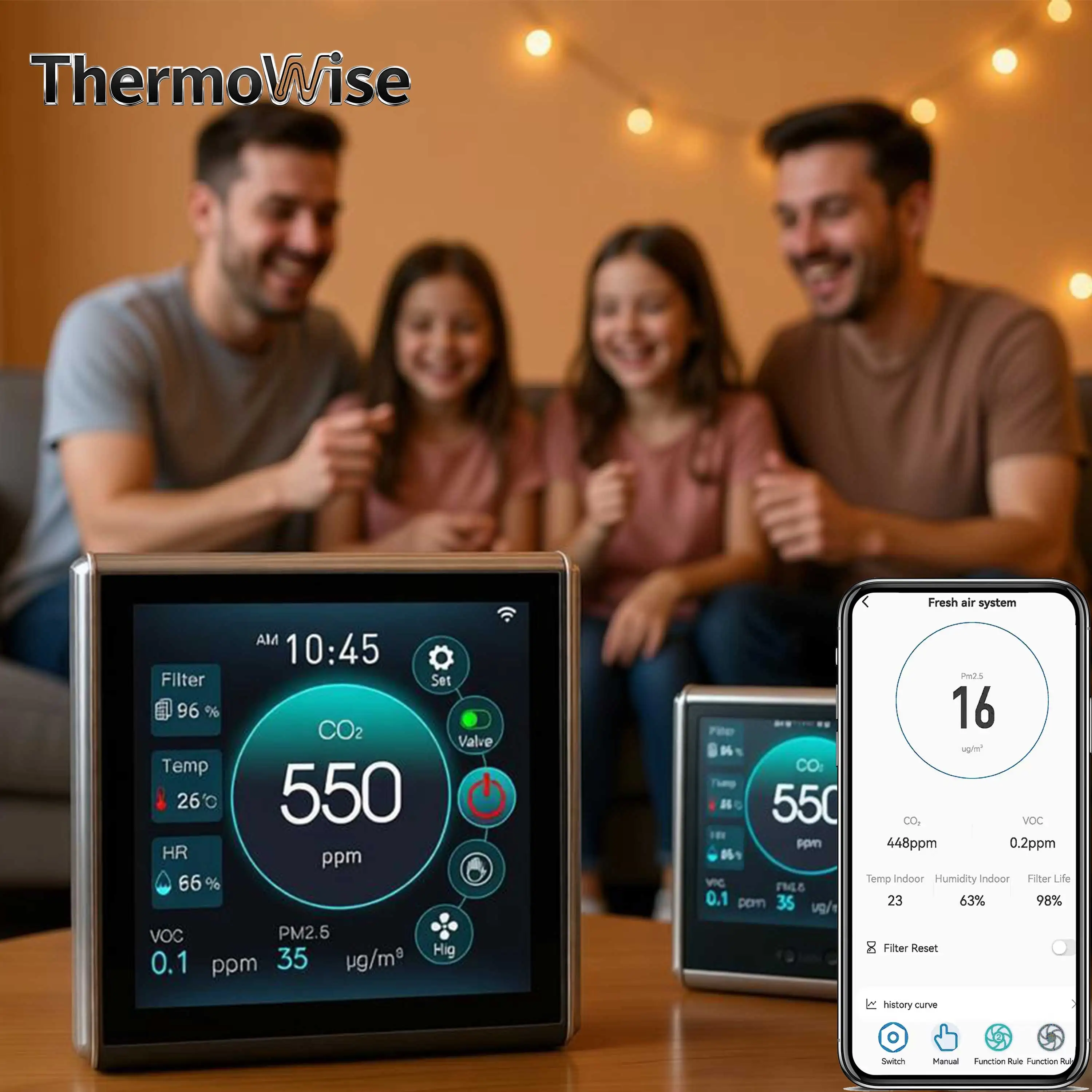 Фото Управление вентилятором ThermoWise AC/EC с Wi-Fi, цветным сенсорным экраном, регулировкой датчиков CO2/PM2.5/VOC и мониторингом температуры и влажности №5