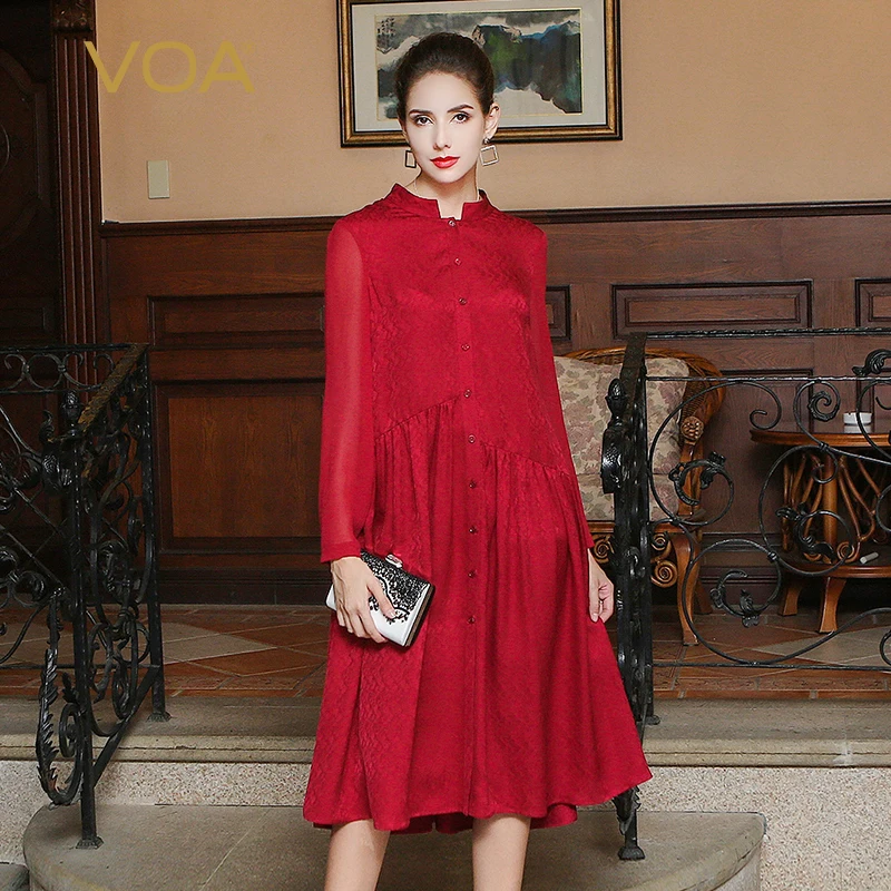 

VOA New Chinese Red Silk Jacquard Simple Shirt Dress Women Party Woman Night Summer Dresses Stylish Clothes ALA01201