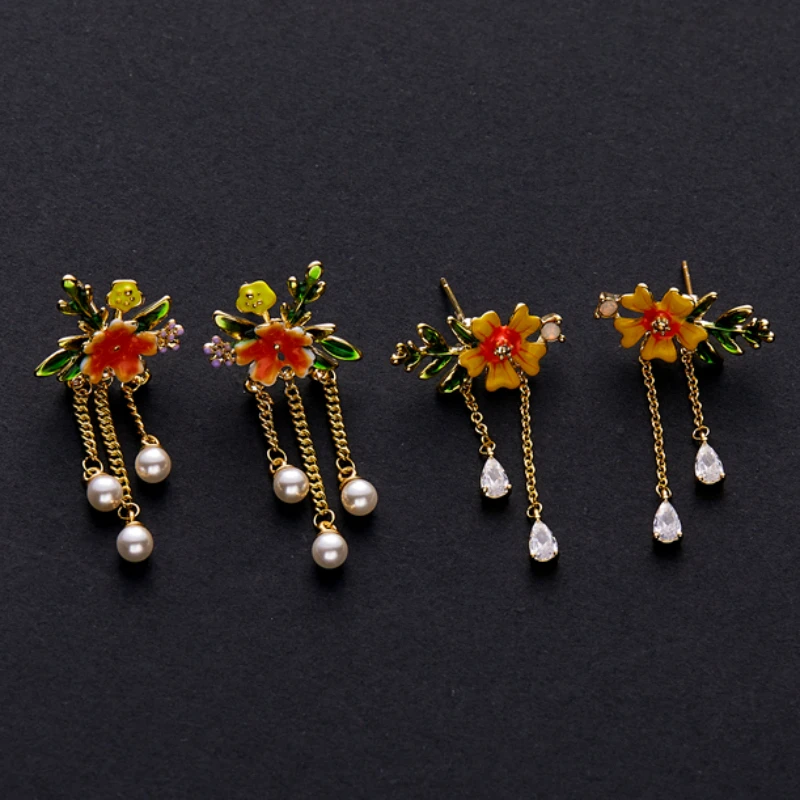 

New Designer Originality Enamel Flower Design Stud Earrings for Women Girls Shiny Crystal Hanging Earrings Trendy Jewelry Gift