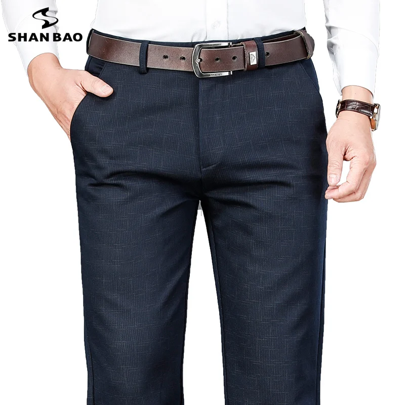 

Classic Print Autumn Winter Brand Men's Fitted Straight Pants Business Casual High Waist Stretch Office Gentleman Trousers