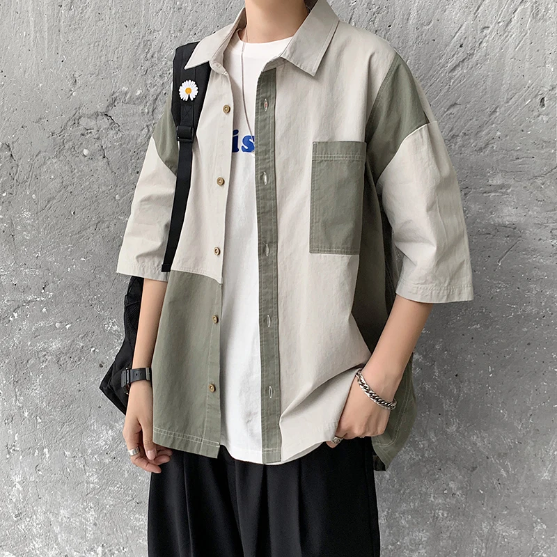 

Summer color-blocking short-sleeved shirt Men's loose Hong Kong style tidal current Harajuku style student shirt casual coat
