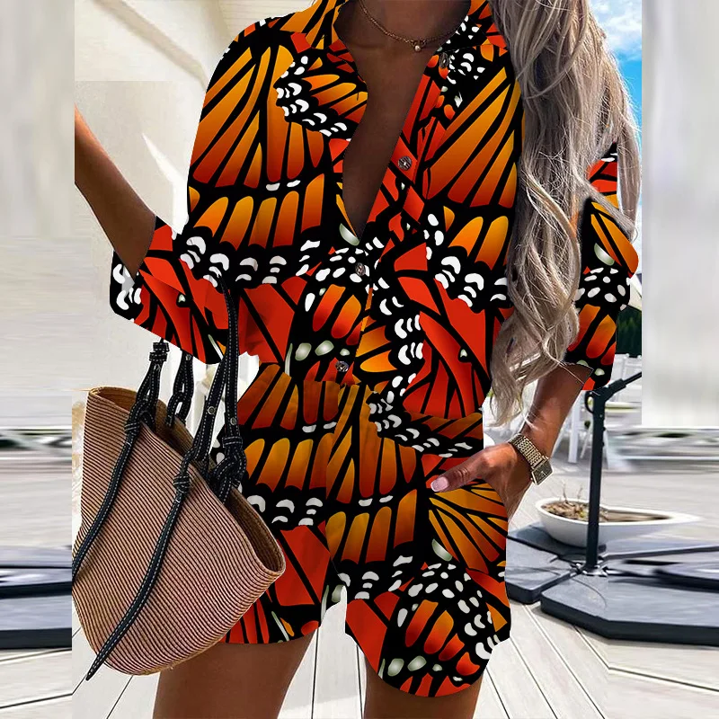 

Summer 2 Piece Ladies Fashion Lapel Print Single Breasted Shirt Button Regular Lace Up Pants Casual Commuter Ladies 2 Piece Set
