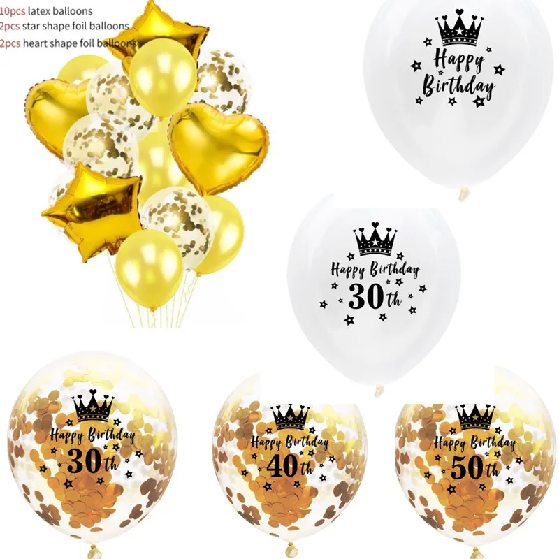 

5pcs 12inch Transparent Confetti Balloon Gold 30 40 50 Happy Birthday Crown Latex Balloons Birthday Party Decorations Supplies