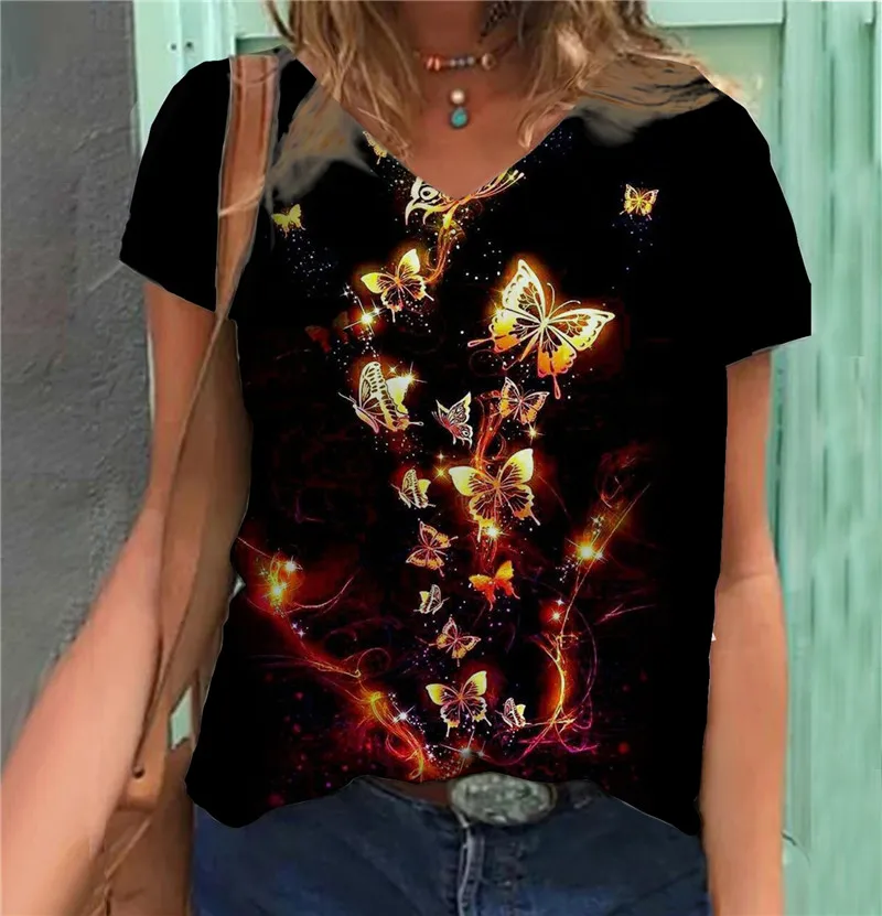 

Женские летние футболки с коротким рукавом, женские модные футболки с 3D принтом бабочки, уличная одежда с V-образным вырезом, Женская Универ...