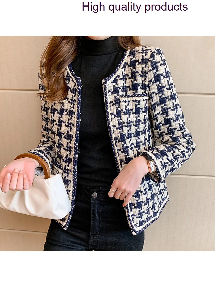 

Women 2023 Spring New Fashion Retro Tweed Round Neck Casual Plaid Suit Jacket Office Lady Style Elegant Coat Female Clothing