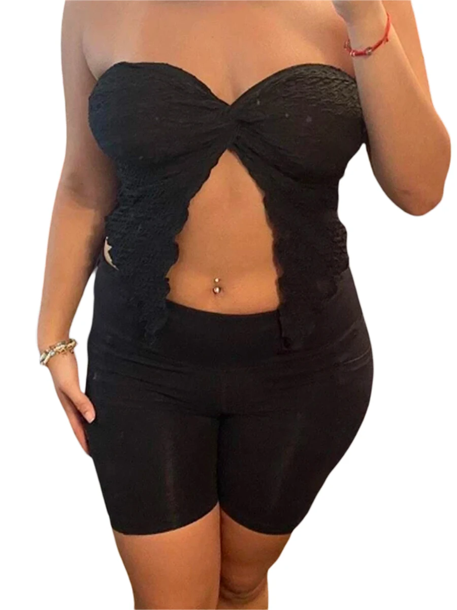 Женский топ бандо без бретелек Y2k укороченный рукавов с переплетением спереди и