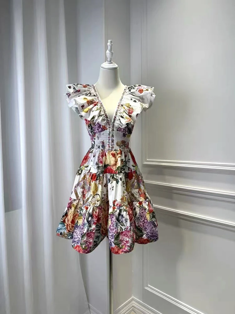 й ILYBOOJUN Hit kolorowy nadruk minimalistyczna Mini sukienka dla kobiet V Neck latający rękaw tunika łączona na zamek błyskawiczny moda damska