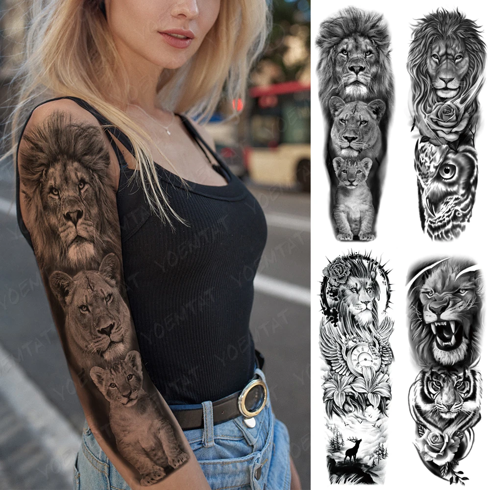 Большой полный рукав татуировки Лев животное лес водонепроницаемые Временные
