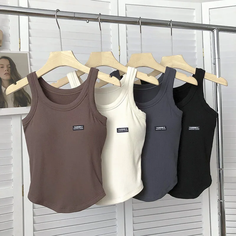 

Letter Labeling Built In Bra Thick Tank Female Korean Fashion Round Neck Sleeveless Casual Omighty Camisole Woman Dropshipping