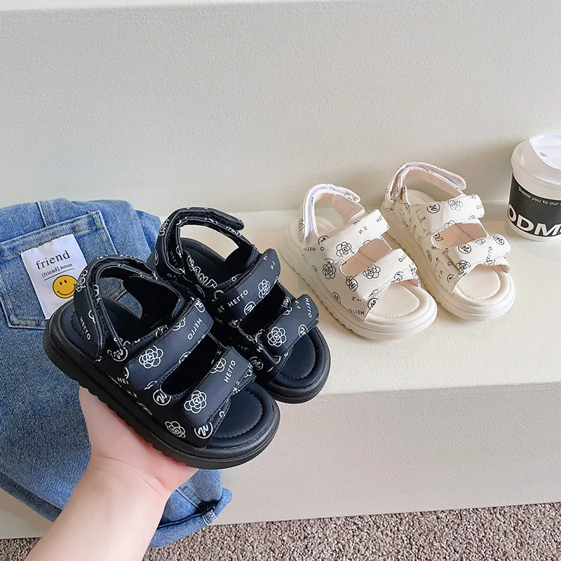

3-12Y Kids Summer Sandals Black White Elegant Children Beach Sandals Hook And Loop Soft Toddler Outdoor Shoes Footwear 2023
