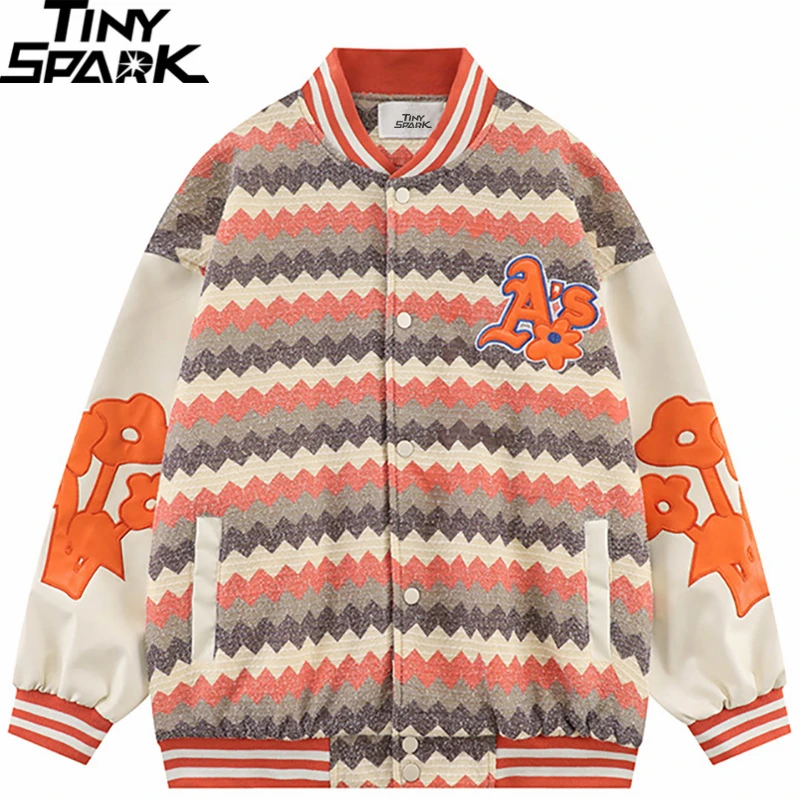 

Men Embroidery Baseball Jacket Retro Vintage Wave Stripe Varsity Jacket Coat HipHop Streetwear Harajuku Loose Jacket 2022 Autumn