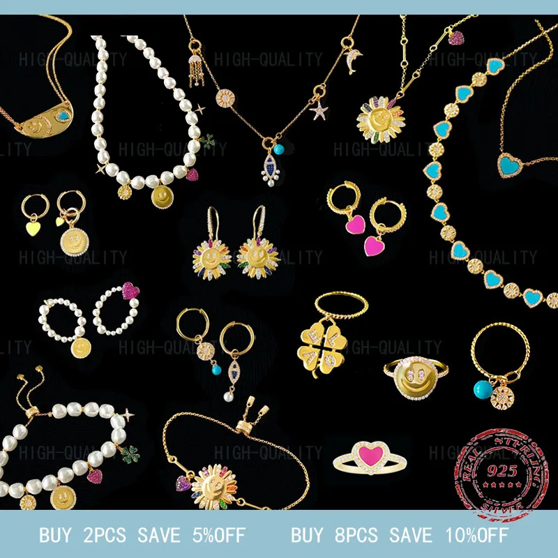

June 2021 New Sterling Silver S925 Beach Party series Daisy Earrings Fashion love smiling face clover grassland Bracelet
