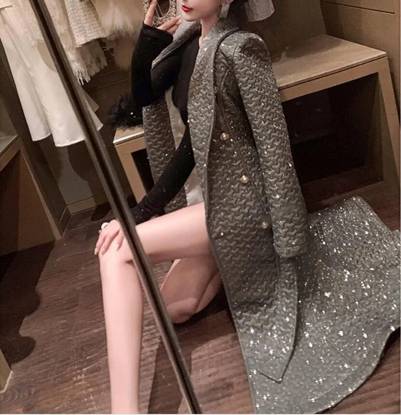 2022 Autumn and Winter New Lapel Long-sleeved Cotton Jacket Double-breasted Popular Sequined Mermaid Lace-up Long Jacket