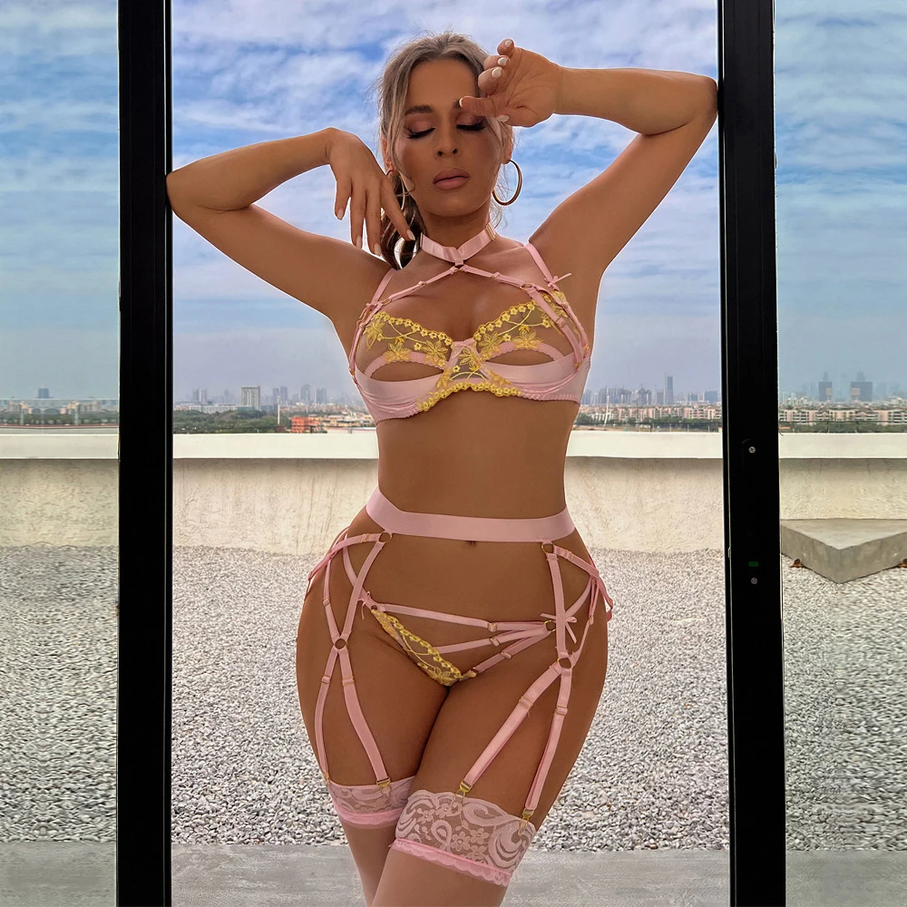 

Sensual Lingerie Lace Sexy Intimate Women Perspective Panties and Bra Set Transparent Floral Embroidery Pink Bralette Lenceria