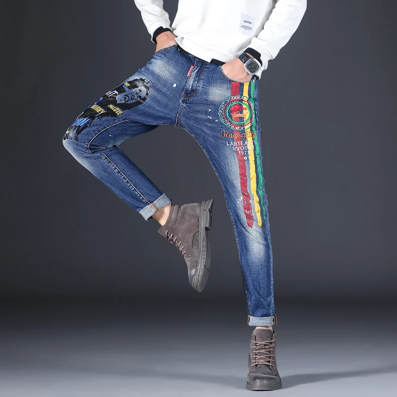 2023 New Fashion Colorful Printing Jeans Men's Straight Fit Elastic Men's Jeans Pants Men's Street Clothing Slim Fit Jeans