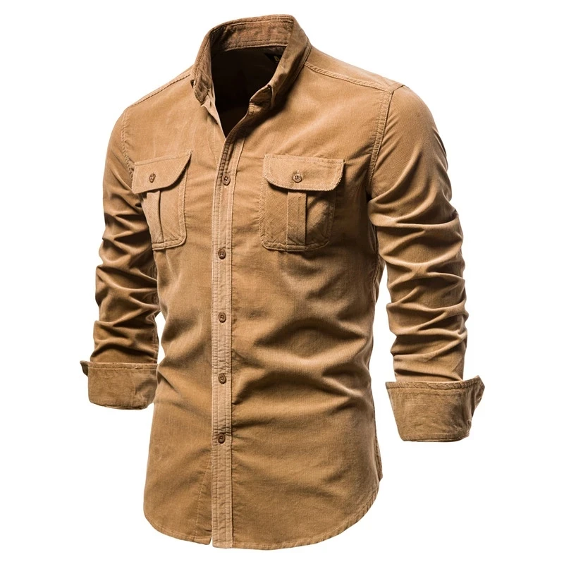 2022 Men's cotton shirt, single breasted corduroy shirt, business leisure, fashion, solid color, autumn new style
