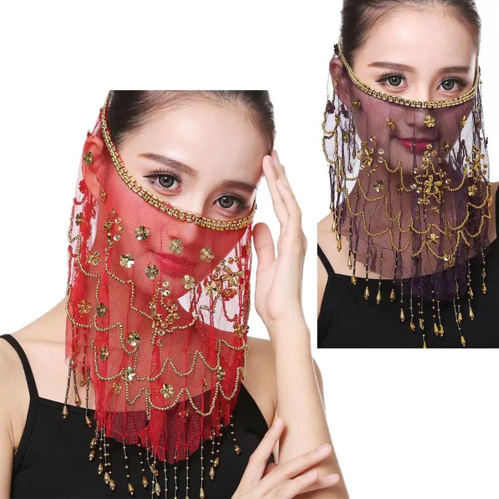 

Indian Belly Dancer Veil Accessories Chiffon Halloween Face Dress up Beautiful with Sequins Dancing Sequin Fringe Accessories