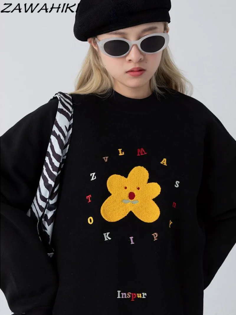 

Vintage Black Hoodie Sweatshirt Long Sleeve Korean Fashion Baggy Flower Letter Printing Casual Female Tops Pullover Hoodies