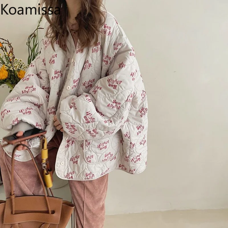 Koamissa Fashion Thin Women Oversized Parkas Lady Puff Sleeves Single Breasted Quilted Coats Female Causal Loose Winter Jackets