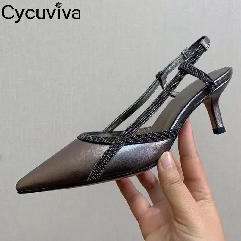 Летние замшевые кожаные сандалии на среднем каблуке с котятами женские острым