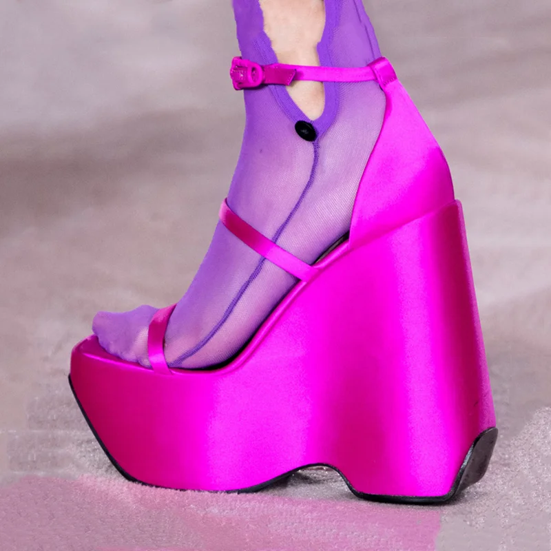 

Termainoov Wedges Sandals Silk 13CM High Heels Fashion New Buckle Dress Shoes Square Toe Platform Heeled Big Size 42
