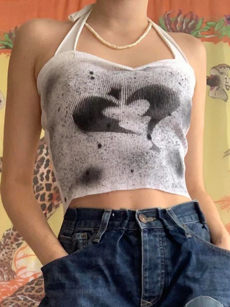 Кроп-топ с графическим принтом для женщин воротником-хомутом |