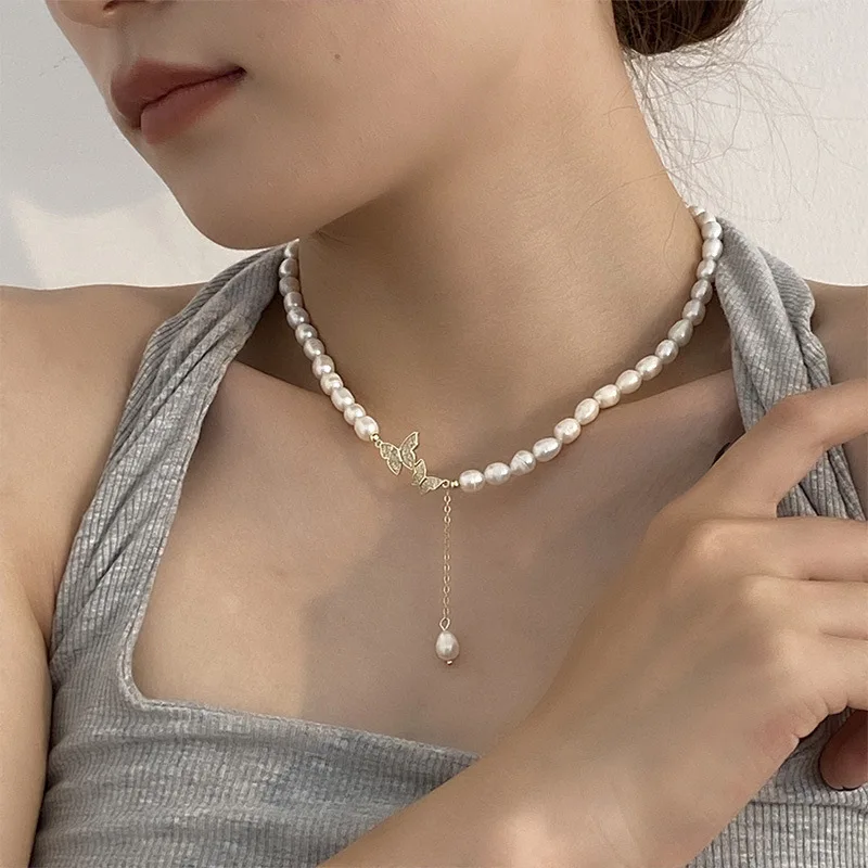 Инкрустированное цирконием блестящее жемчужное ожерелье с бабочкой Женская