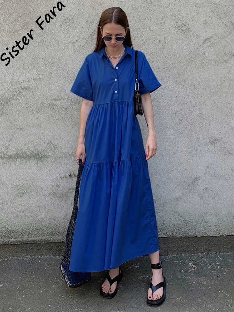 

Sister Fara Summer Lapel Long Dresses for Women's High Waist Loose Blue Short Sleeve Dress Female Single Breasted Ankle Dresses