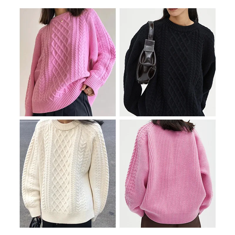 

2022 Autumn Winter Sheep Wool Round Neck Pullover Twisted Sweater Loose Women's Casual Top Woolen Sweater for Woman