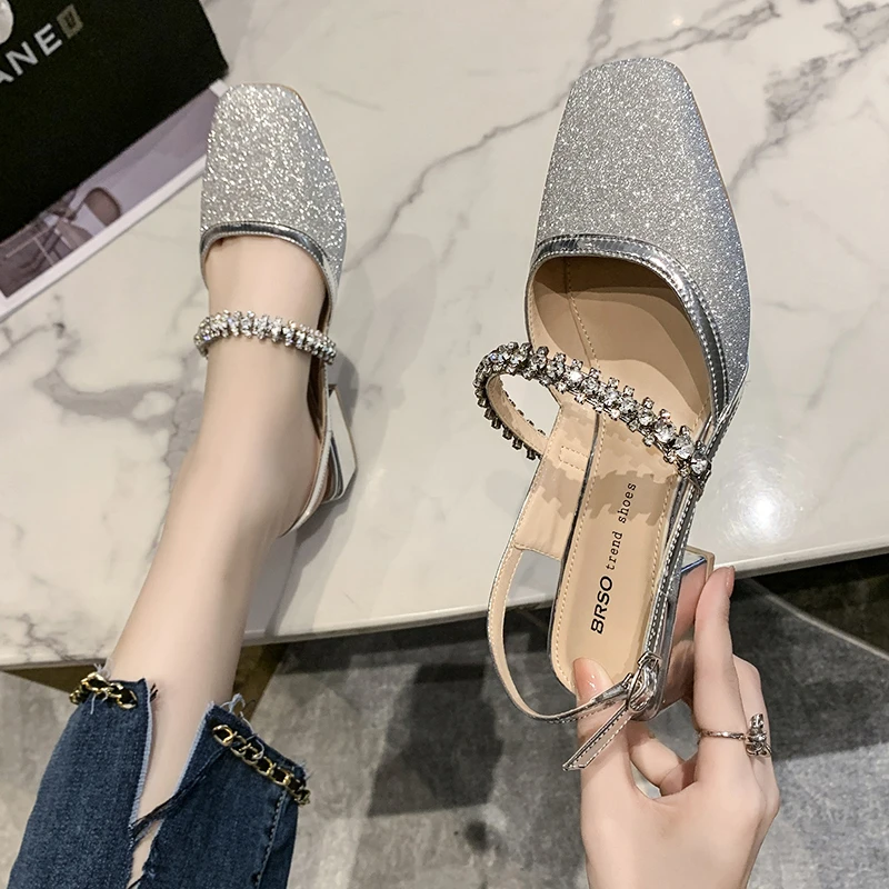 2022 Summer Luxury Sparkling Rhinestone Square Toe Sandals women Mid Heel Square Toe  Mules Ladies Mary Jane Shoes Black Silver