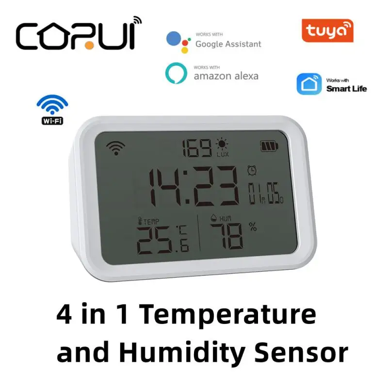 

CORUI Wifi Tuya Smart Temperature and Humidity Sensor 4In1 Indoor Hygrometer Thermometer Works with Alexa Google Home Smart Life