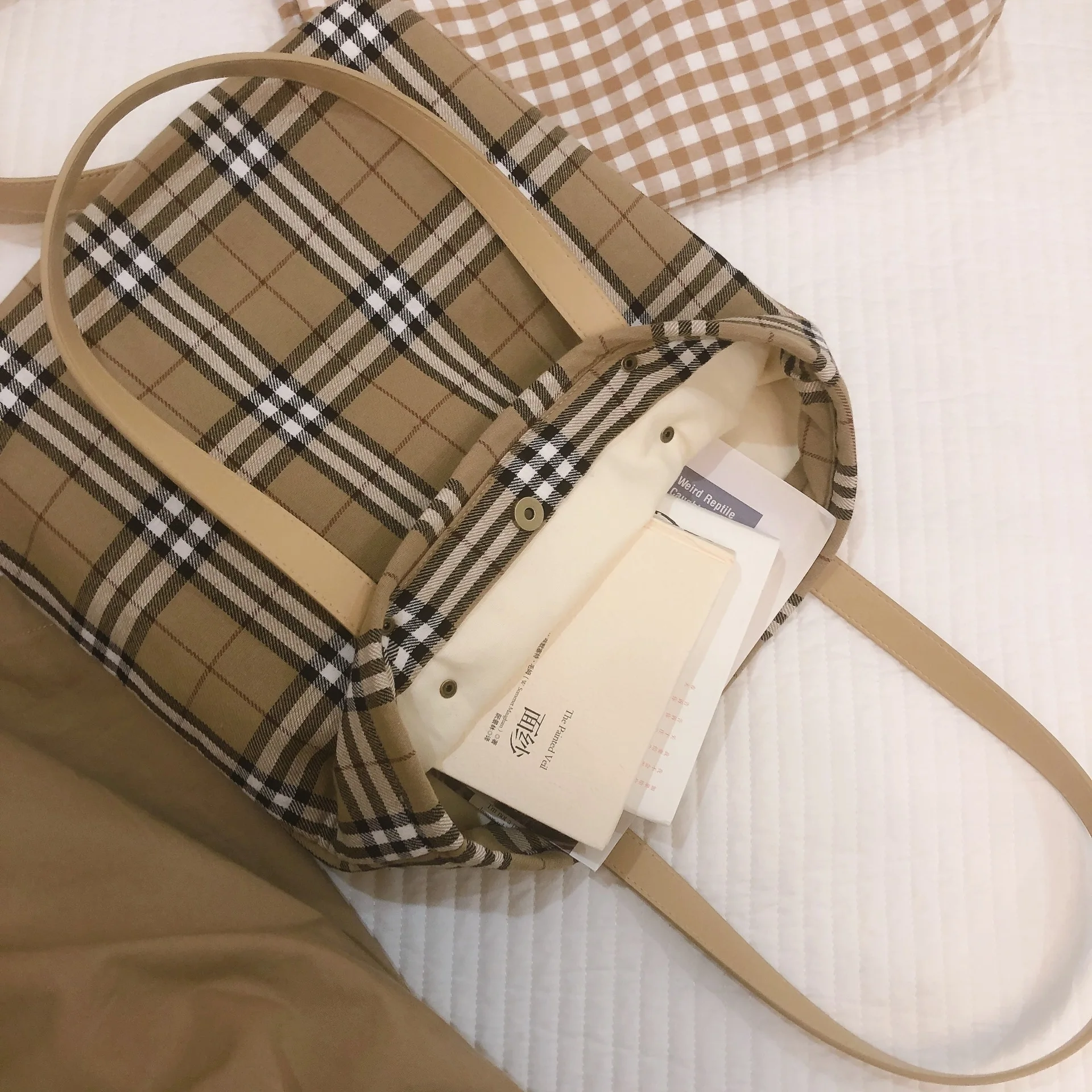 Women Canvas Shoulder Bags Retro Plaid Large Capacity Handbags Female Shopping Portable Lazy Foldable Tote Bag  Ladies Hand Bags
