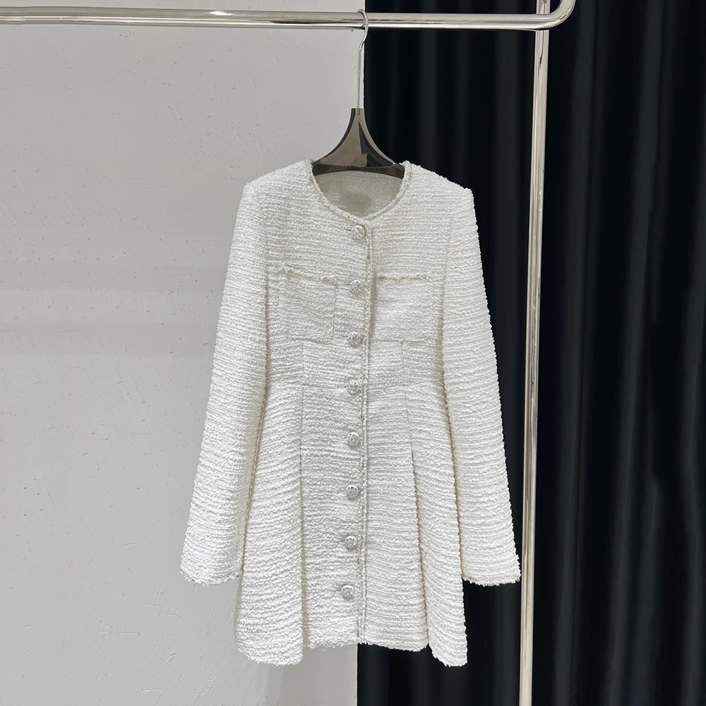 Женское платье с баской из твида длинным рукавом украшенное бисером Y2k весна 2024