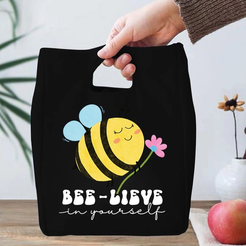 

Bee Lieve Cartoon Print New Bee-Quote Print Lunch Bags Canvas Lunch Box Picnic Tote Cloth Food Storage Bag for Office Lady 2022