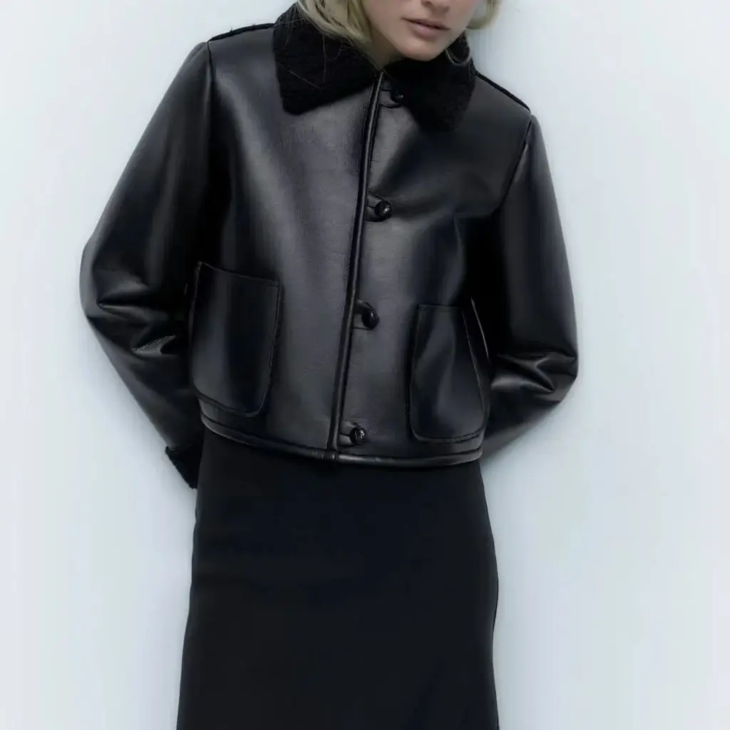 Winter Women's Black Pu Leather One Piece Fur Lapel Single Breasted Long Sleeve Short Leather Jacket Warm High Street Style